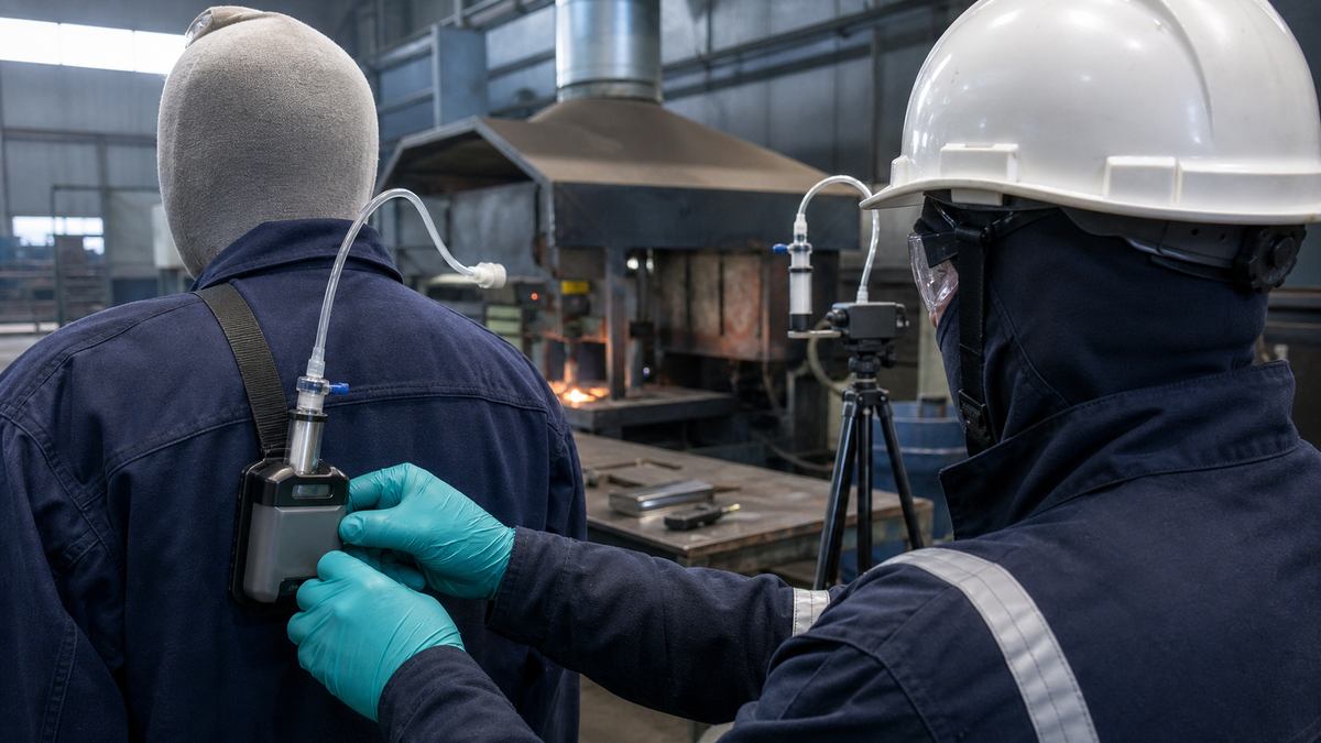 Специалист отбирает воздух рабочей зоны персональным и стационарным оборудованием